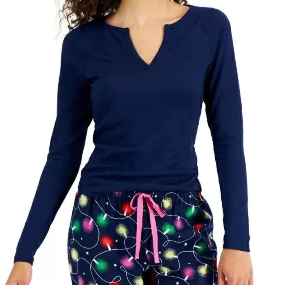 Jenni Women's Split V-Neck Pullover Long-Sleeve Pajama Top, Navy Blue